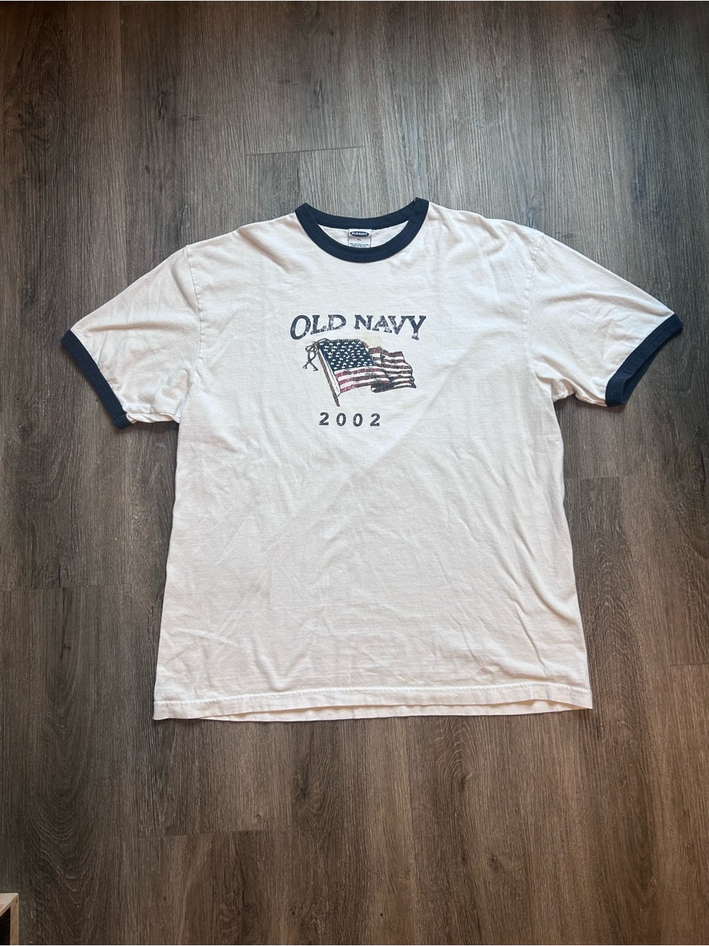 Y2K 2002 Old Navy Ringer Tee White Navy Blue Men’s Sz XL *Stains* USA Flag Vntg